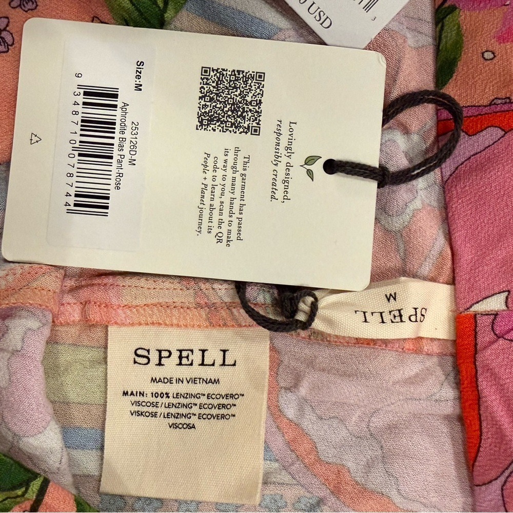 Spell NWT Aphrodite Bias Pant Rose Floral Wide Leg Trousers Pink Orange M - Picture 6 of 12